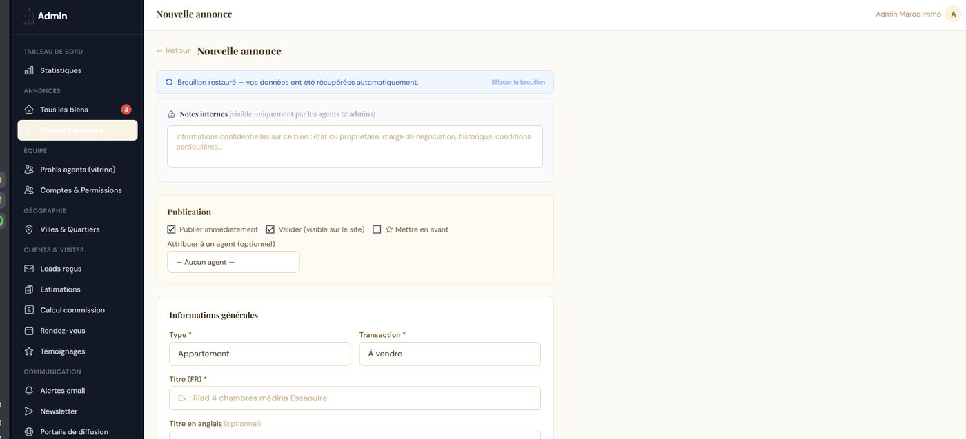 Formulaire de publication d'une nouvelle annonce immobilière dans un back-office connecté au site
